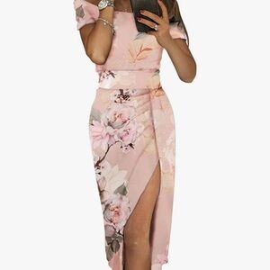 Dearlove Casual Women’s off shoulder floral print ruched bodycon high slit dress